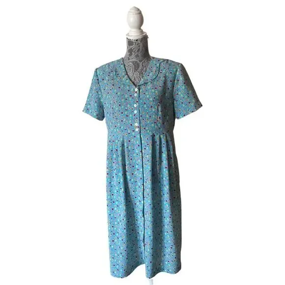 VINTAGE 90s Liz Claiborne Fruit Print Button Front Midi Dress Blue - Picture 1 of 11